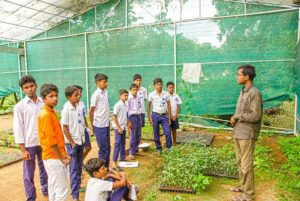 கரிமம் சார்ந்த தோட்டக்கலையின் அடிப்படைகள் குறித்து தன்னார்வலர் சிறுவர்களிடம் உரையாடுதல்.